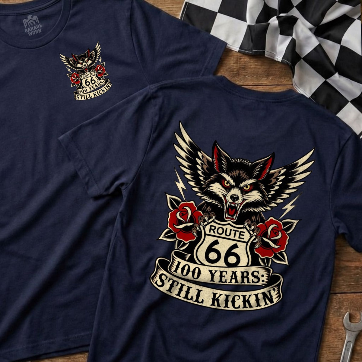 Navy t-shirts with Route 66 wolf, roses, and text.