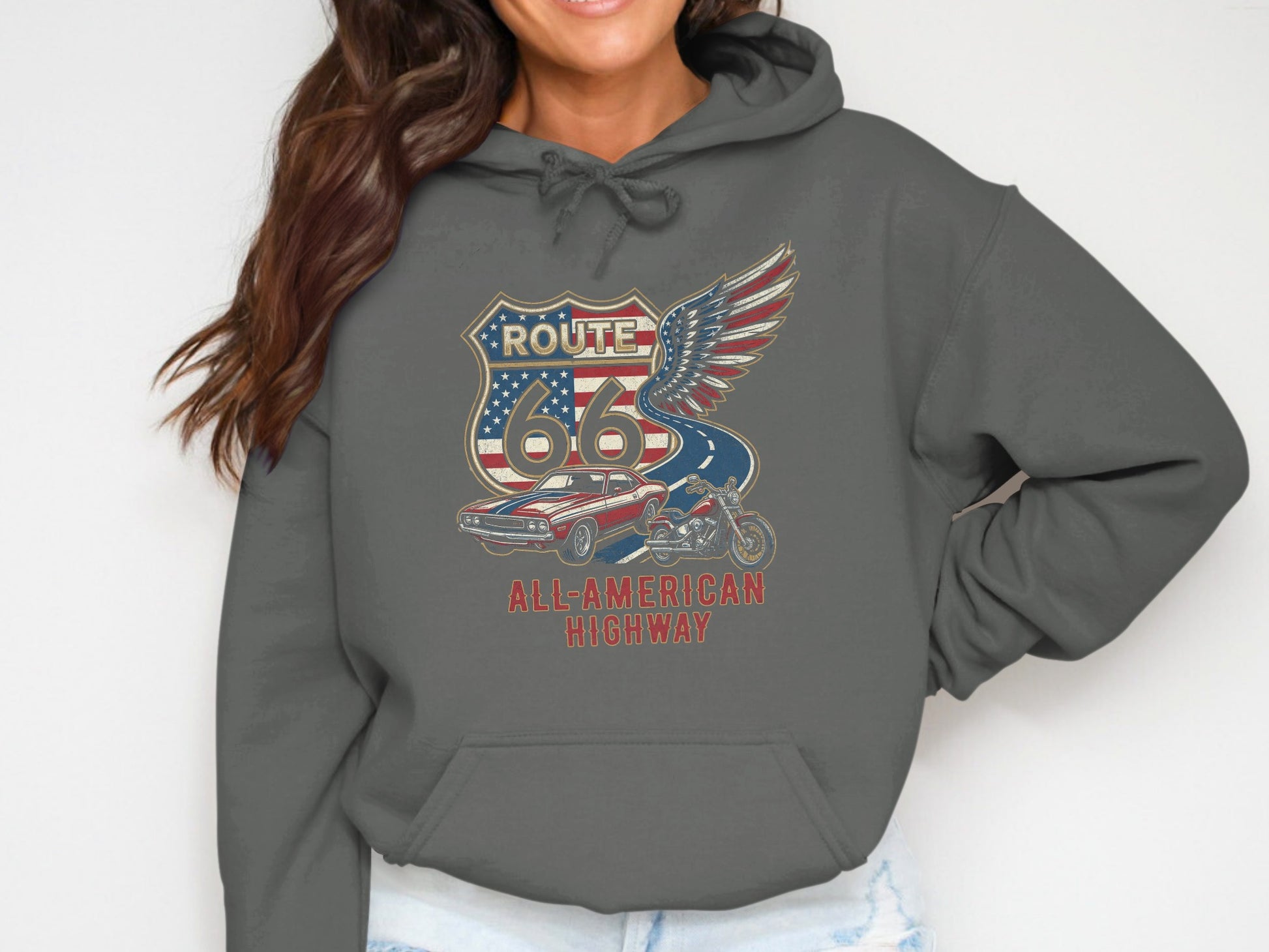 Route 66 All-American Highway graphic on a dark grey hoodie.