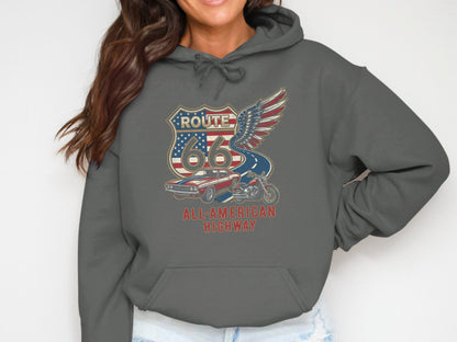 Route 66 All-American Highway graphic on a dark grey hoodie.