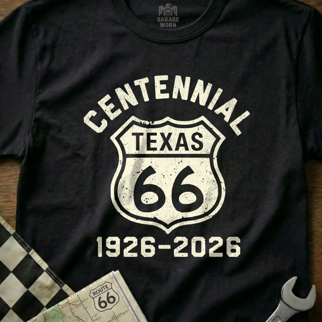 Black t-shirt with "Centennial Texas Route 66 1926-2026" text.
