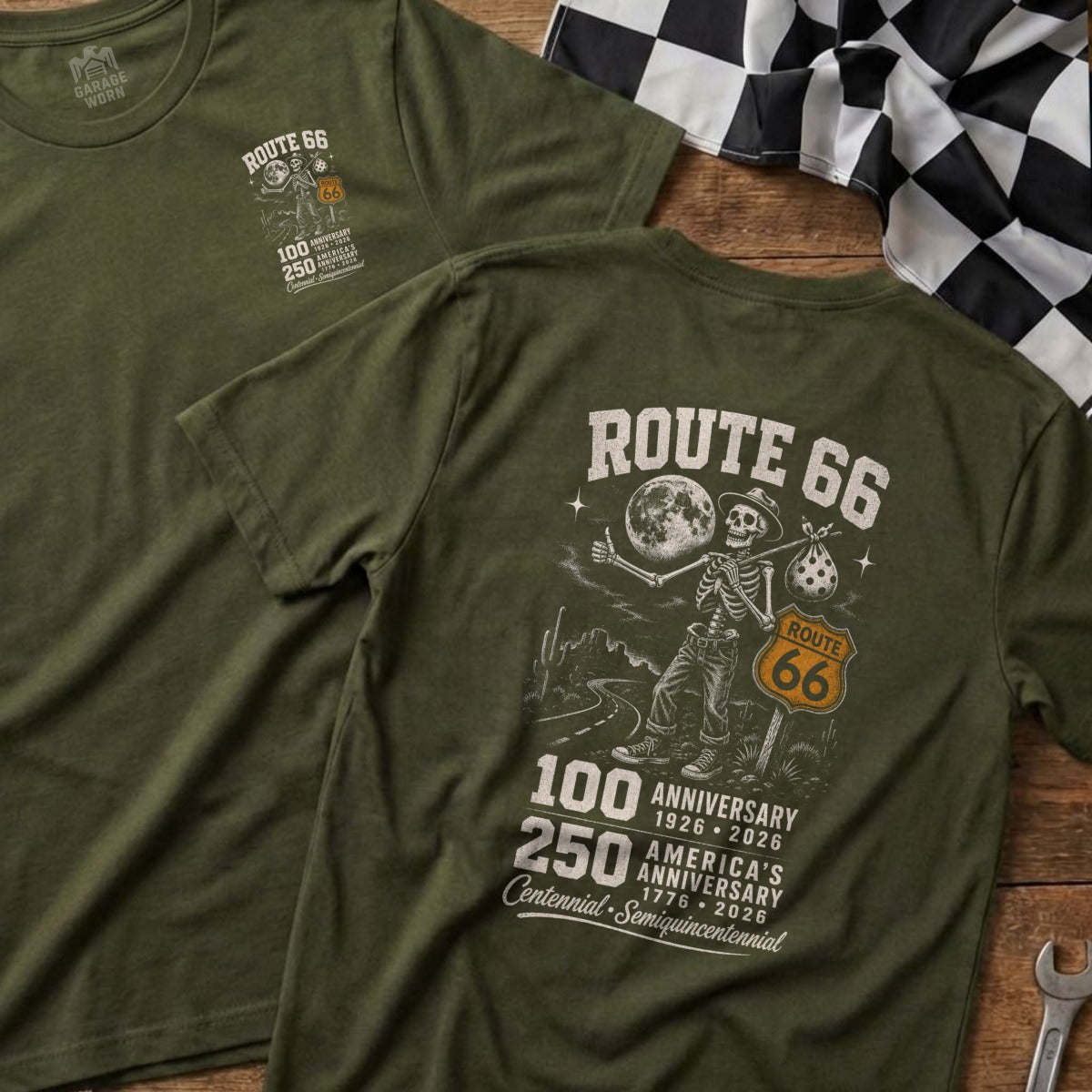 Olive green t-shirt with Route 66 skeleton hitchhiking under the moon.