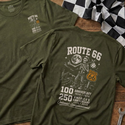 Olive green t-shirt with Route 66 skeleton hitchhiking under the moon.