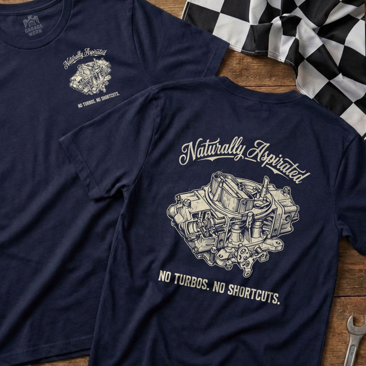 Dark blue t-shirt with "Naturally Aspirated" and carburetor graphic.