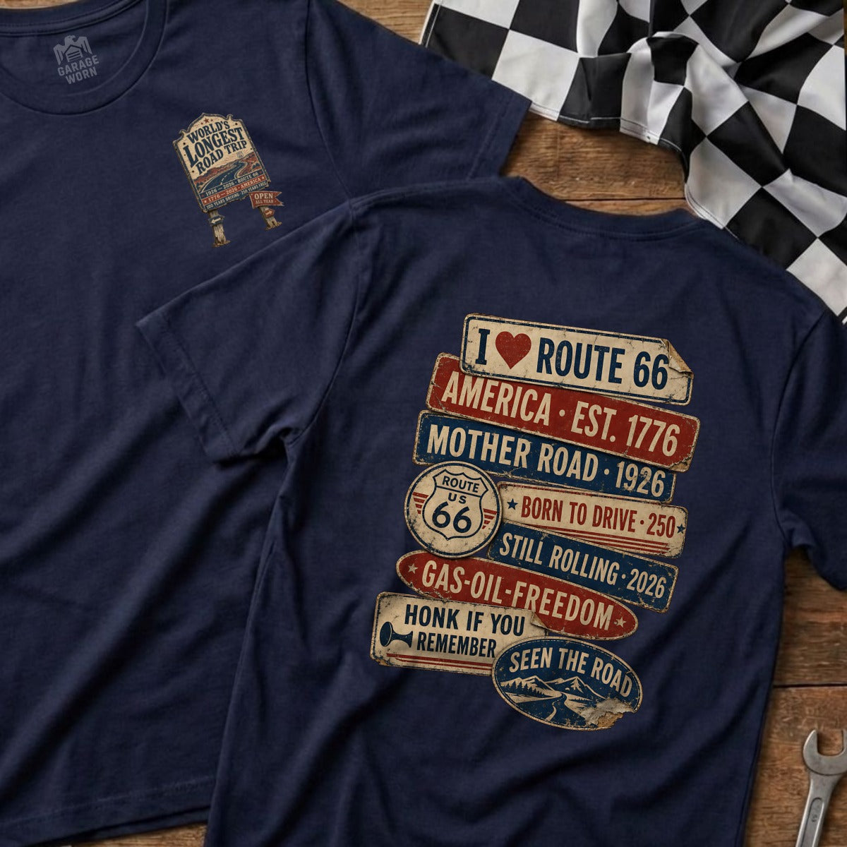Two navy t-shirts featuring Route 66 designs with text.
