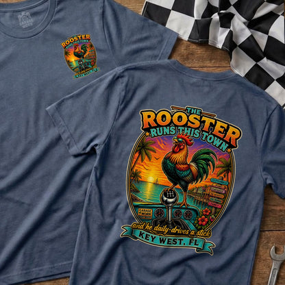 T-shirt with graphic: rooster, car gearshift, Key West beaches, and text "The Rooster Runs This Town".
