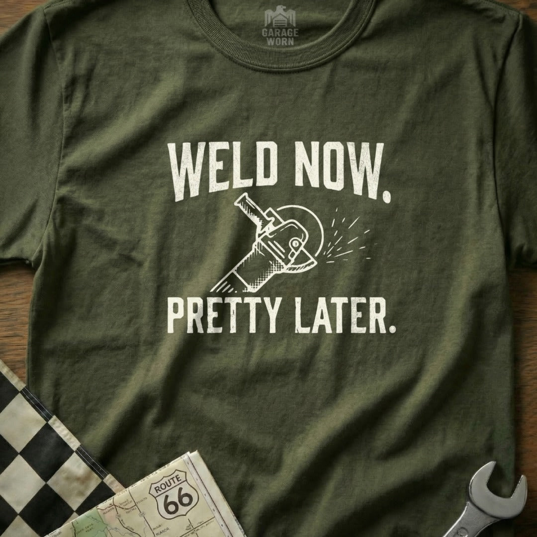 Green t-shirt with "WELD NOW. PRETTY LATER." text and an angle grinder graphic.