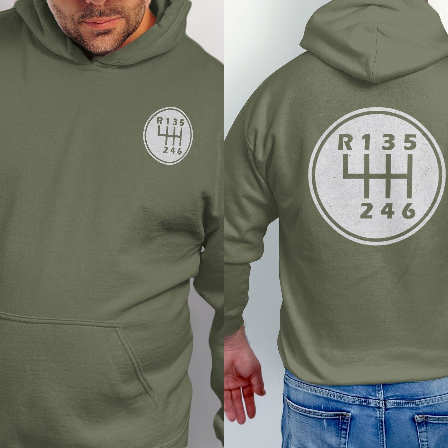 Olive green hoodie with a white circle graphic of a manual transmission gear shift pattern.