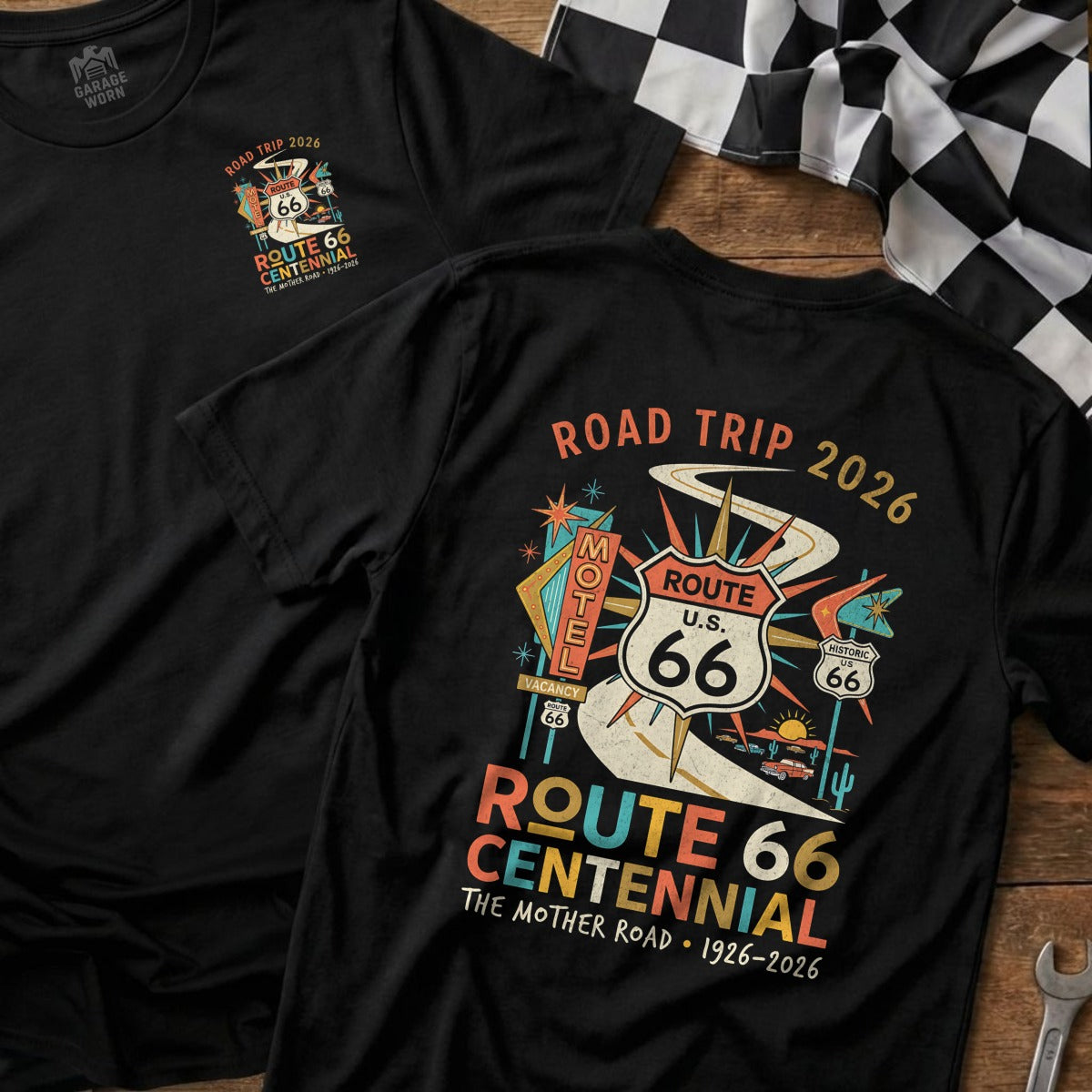 Black t-shirt with Route 66 Centennial design.