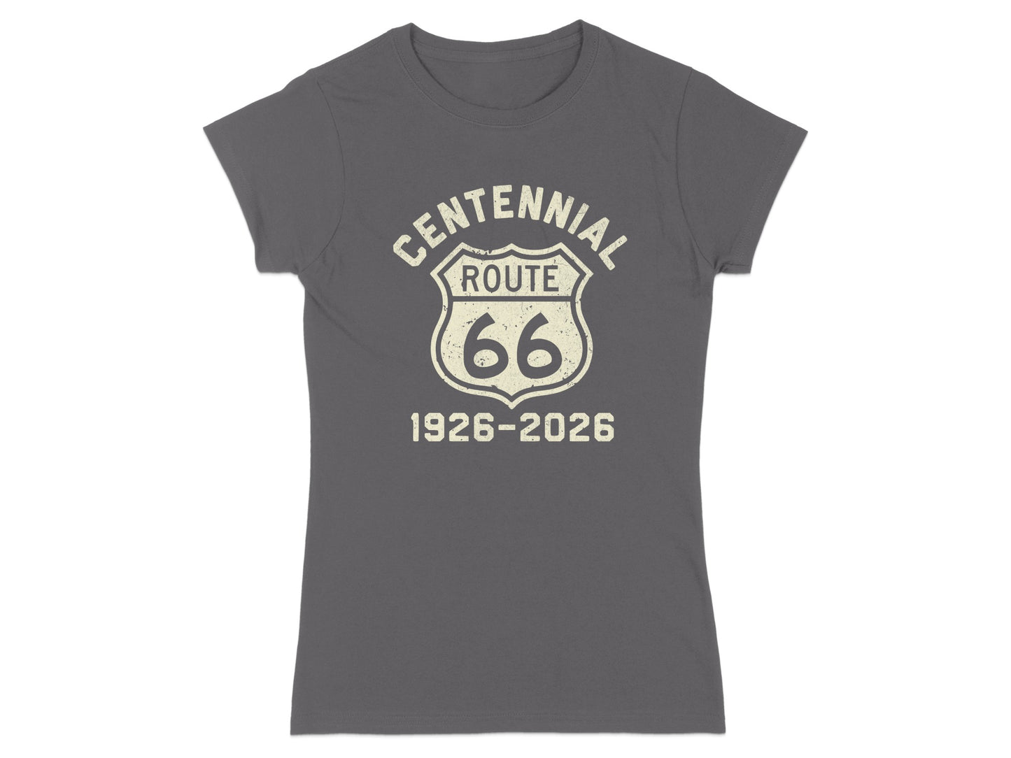 Gray t-shirt with "Centennial Route 66 1926-2026" text and shield graphic.