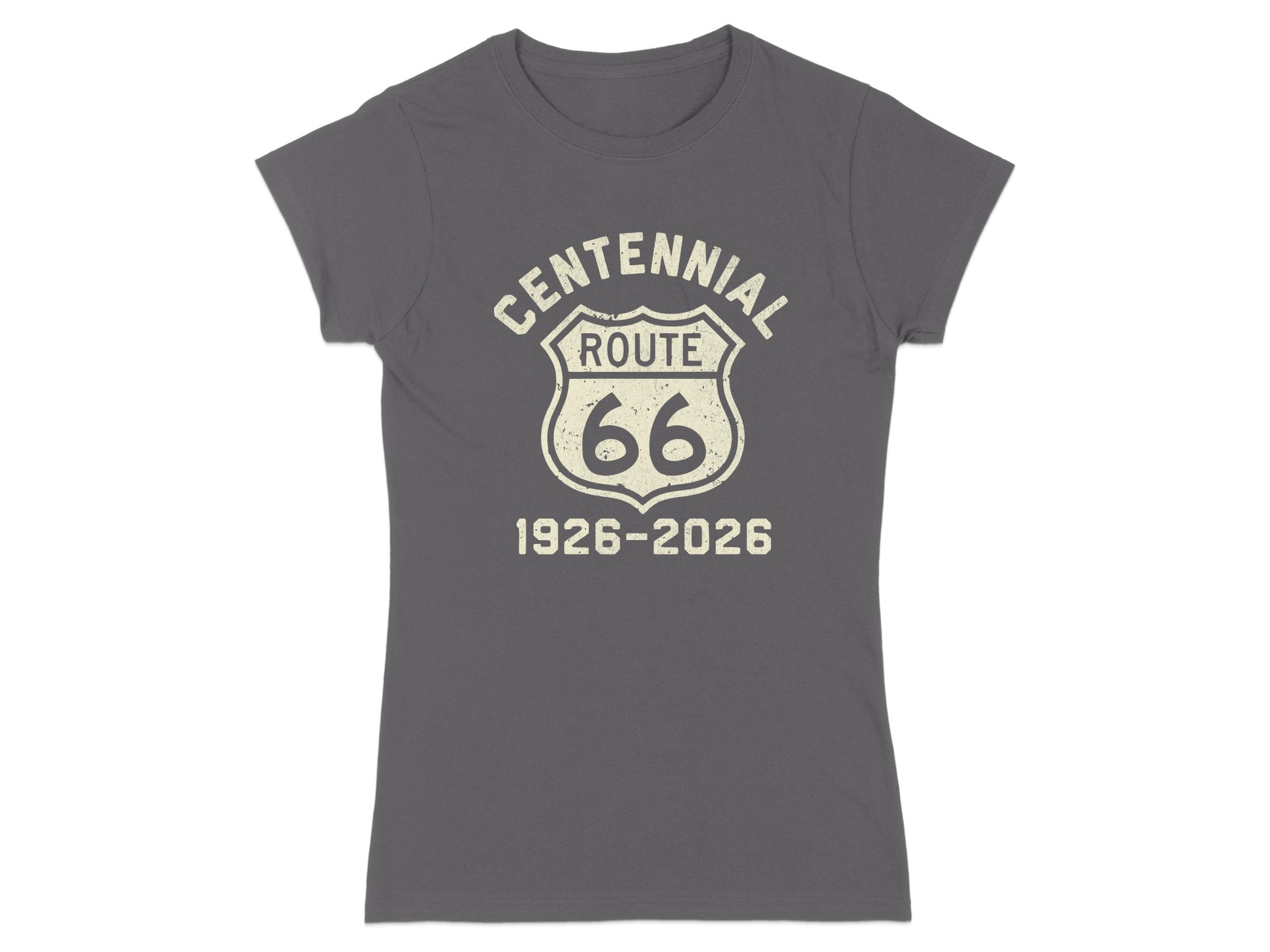 Gray t-shirt with "Centennial Route 66 1926-2026" text and shield graphic.