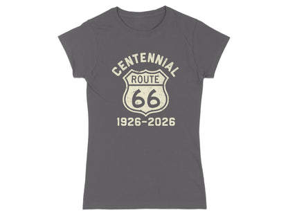 Gray t-shirt with "Centennial Route 66 1926-2026" text and shield graphic.