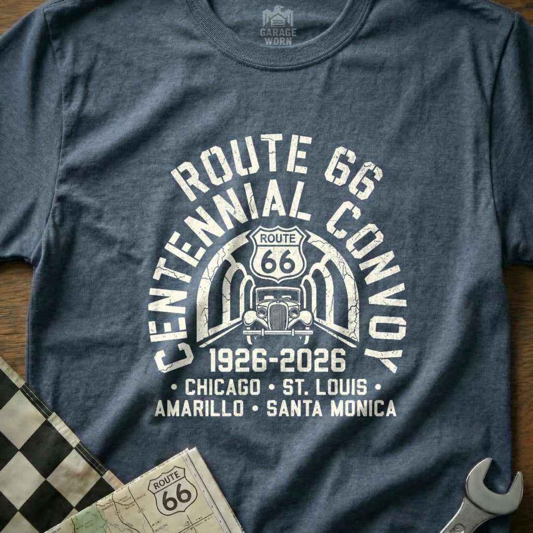 Centennial Route 66 t-shirt with 1926-2026 dates and city names.