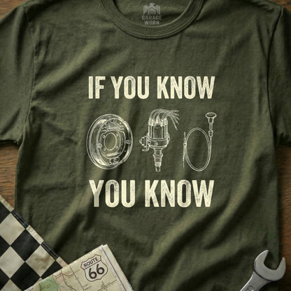 T-shirt with "IF YOU KNOW YOU KNOW" and illustrations of automotive parts.