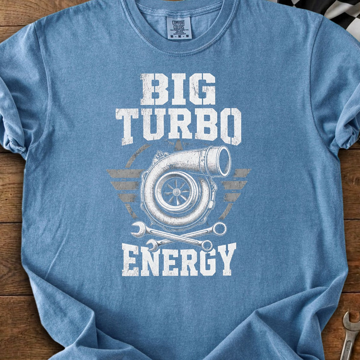 Blue t-shirt with "BIG TURBO ENERGY" text and a turbocharger graphic.