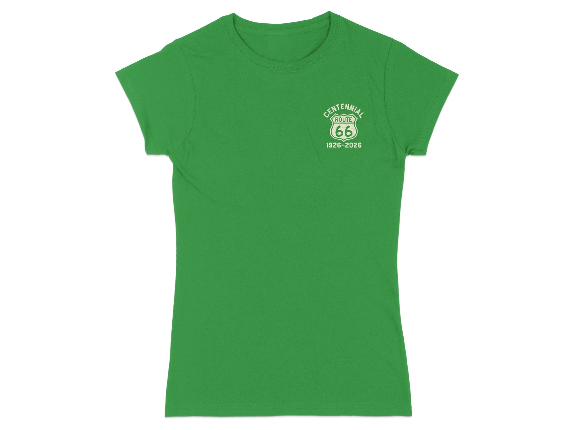 Green t-shirt with white "Centennial Route 66 1926-2026" logo.