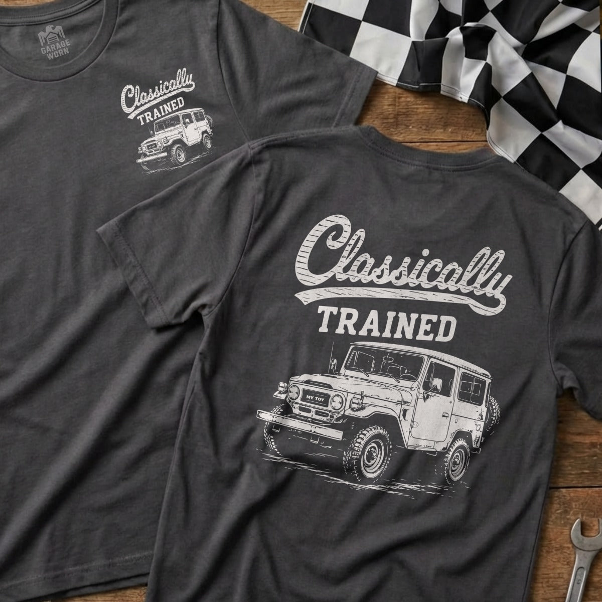 Dark gray t-shirts with "Classically Trained" and a vintage 4x4 sketch.