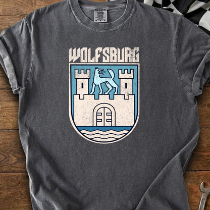 Dark gray t-shirt with Wolfsburg crest featuring a castle and a wolf.