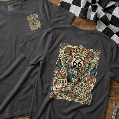T-shirt with Route 66 winged tire graphic celebrating 100 and 250 anniversaries.