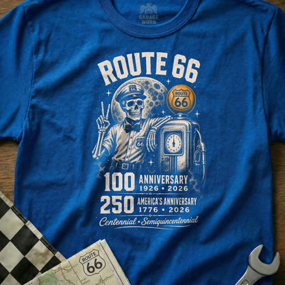 Blue t-shirt with Route 66 skeleton graphic, 100th anniversary, and America's 250th anniversary.