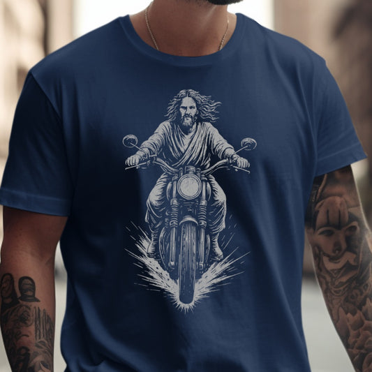 Jesus Riding Motorcycle Blue Graphic T-shirt product