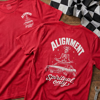 Red t-shirt with skeleton meditating on car, "Alignment Spiritual Only" text