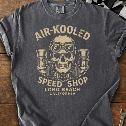 "Air-Kooled Speed Shop" graphic on a dark gray t-shirt, featuring a skull with goggles.