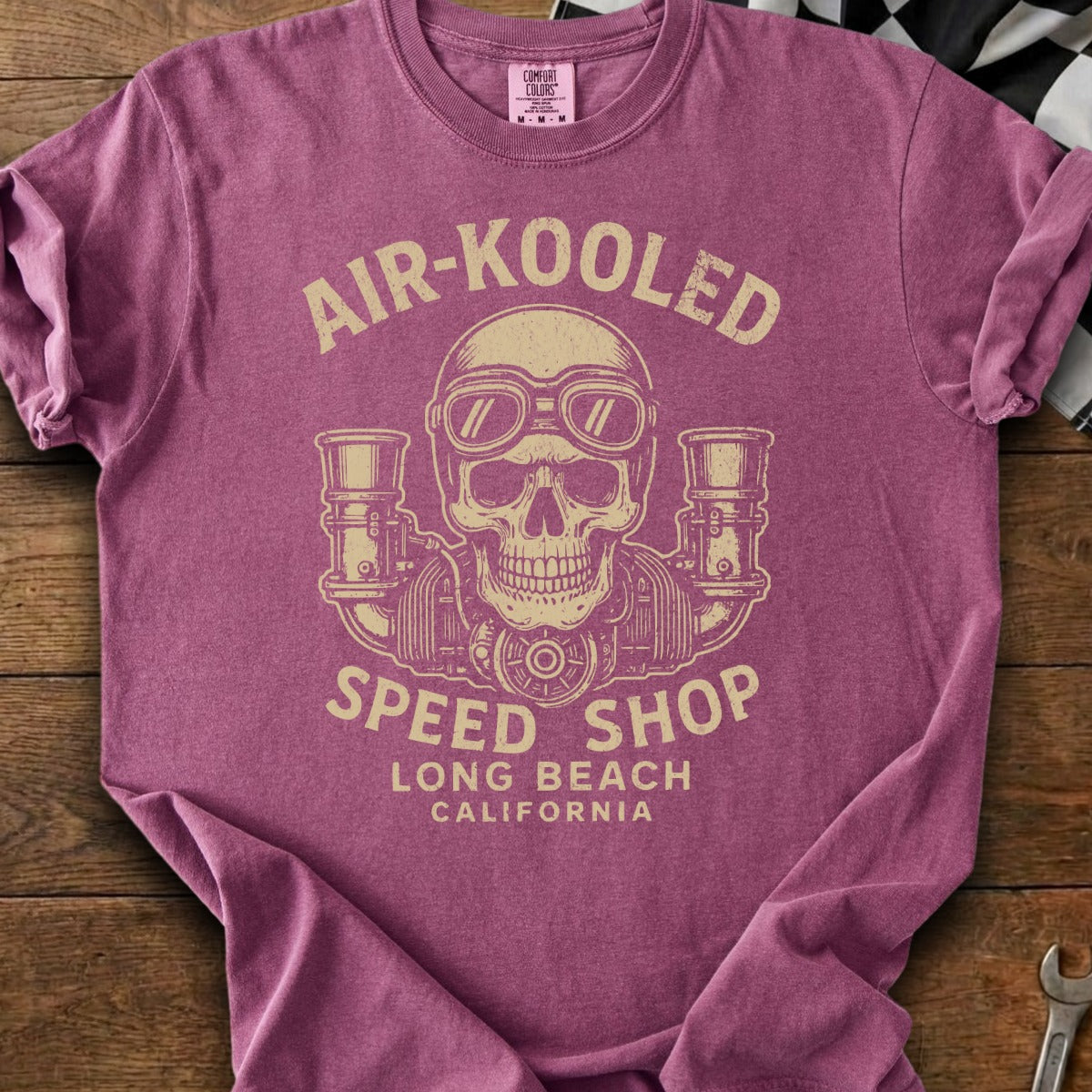 T-shirt with "Air-Kooled Speed Shop Long Beach California" text and skull graphic.
