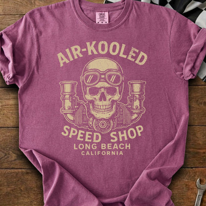 T-shirt with "Air-Kooled Speed Shop Long Beach California" text and skull graphic.