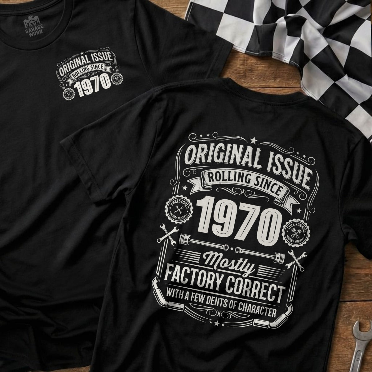 Black t-shirt with "1970 Original Issue" graphic, "Mostly Factory Correct" text.