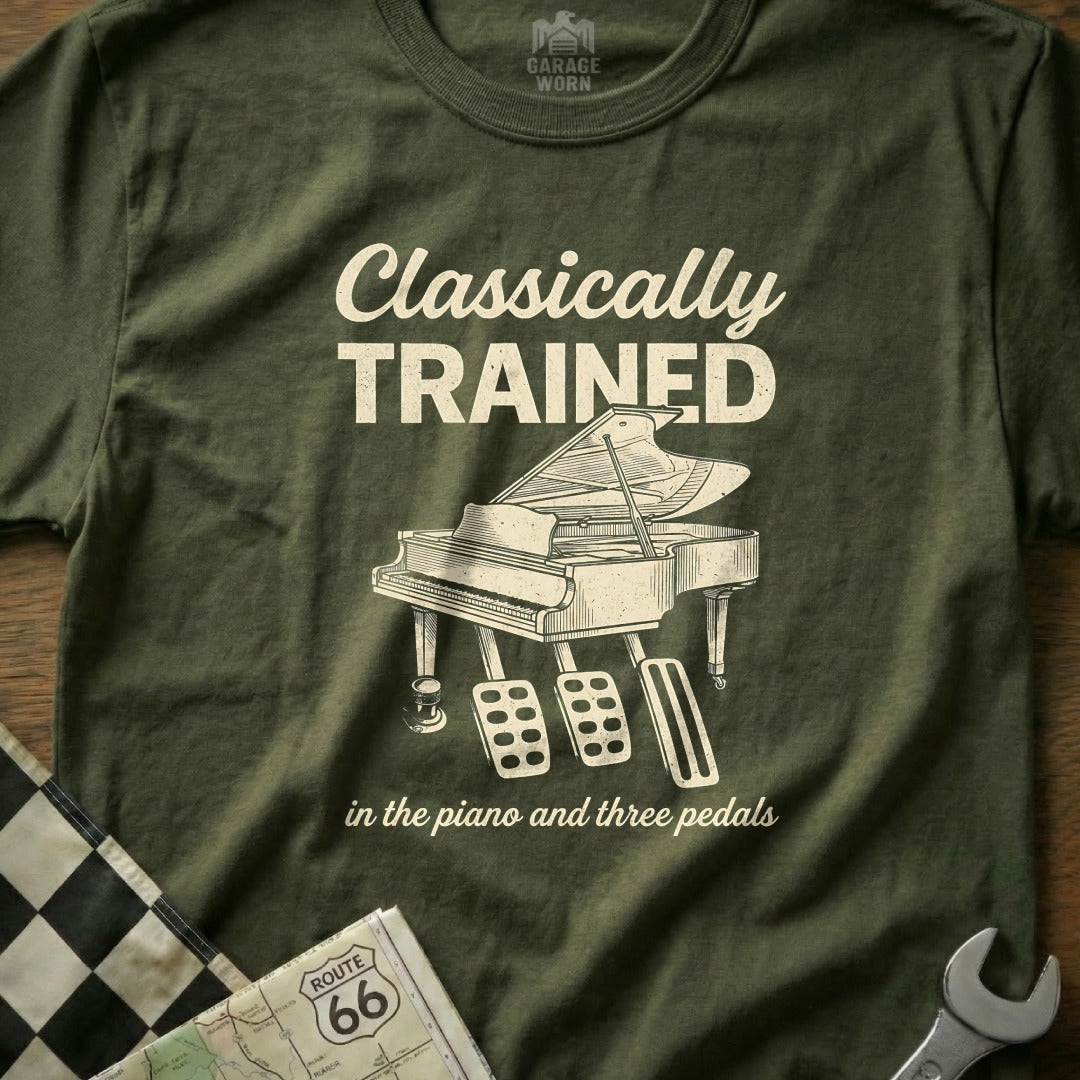 T-shirt with "Classically Trained" text and a grand piano with three pedals.
