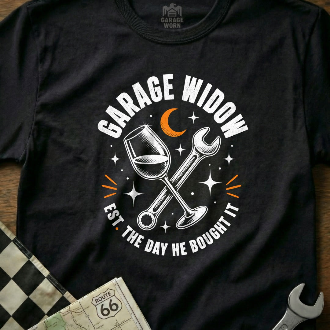 T-shirt with "Garage Widow" text, wine glass, wrench, crescent moon, and stars.
