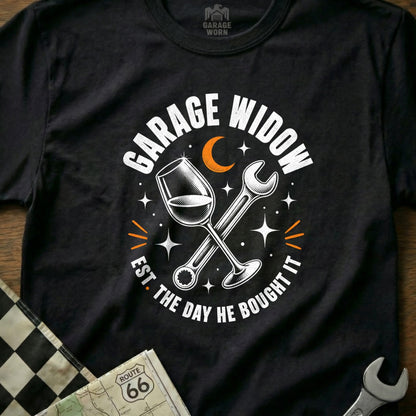 T-shirt with "Garage Widow" text, wine glass, wrench, crescent moon, and stars.