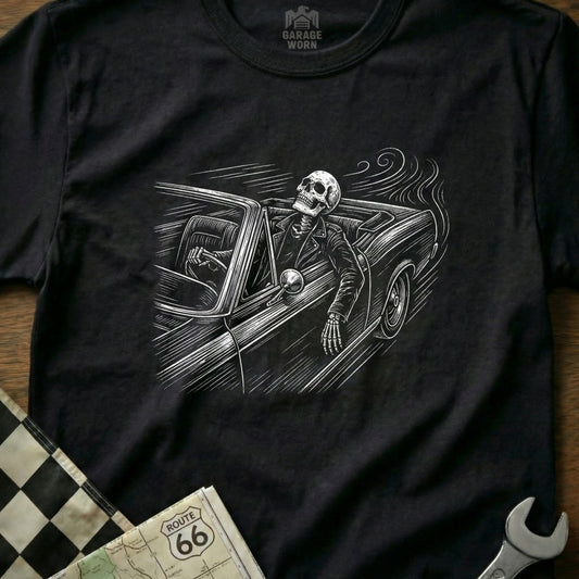 Skeleton driving a convertible on Route 66, with checkered flag and wrench.