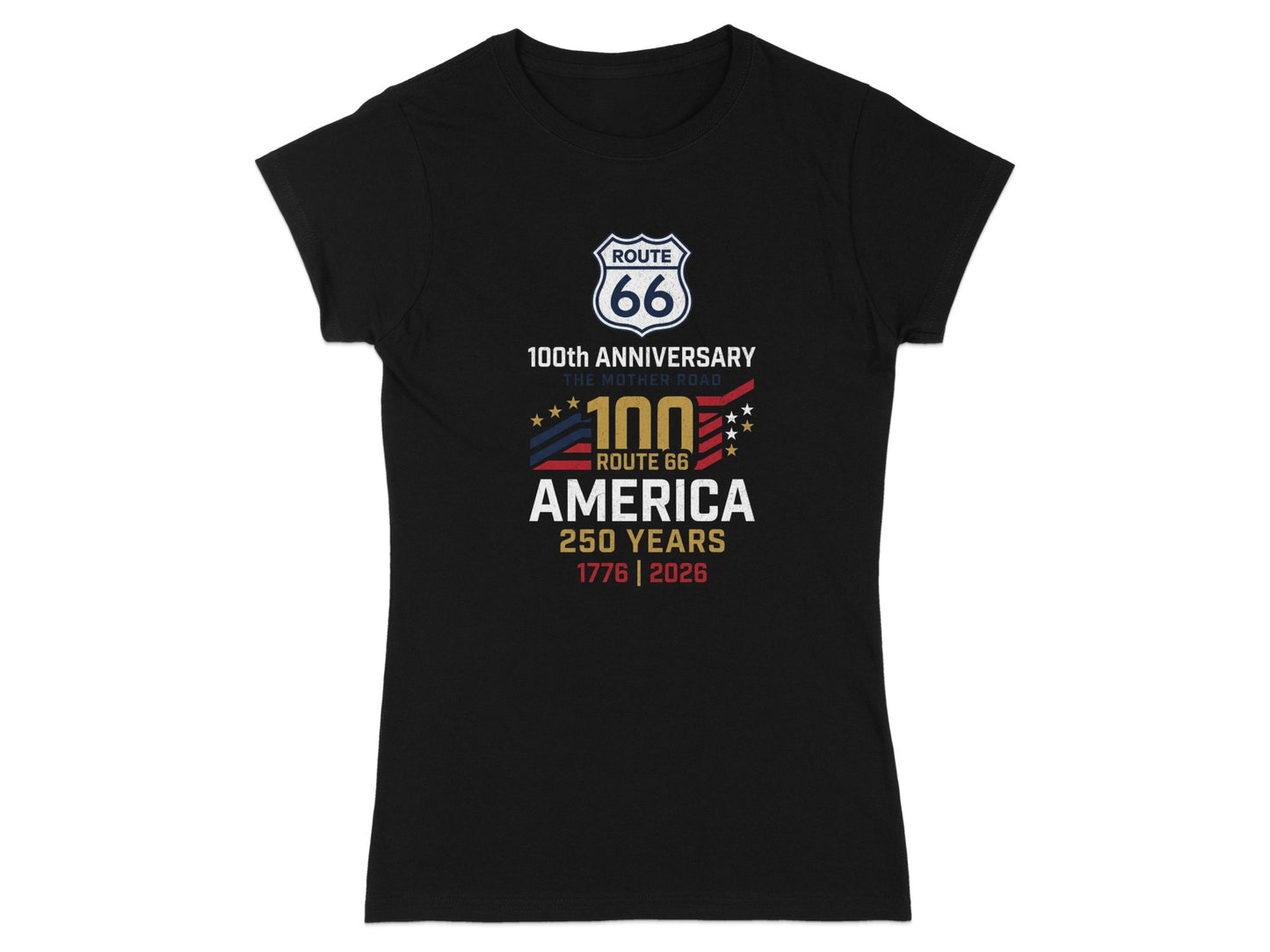 Black t-shirt with Route 66 100th Anniversary and 250 Years 1776-2026 graphics.