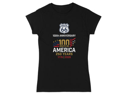 Black t-shirt with Route 66 100th Anniversary and 250 Years 1776-2026 graphics.