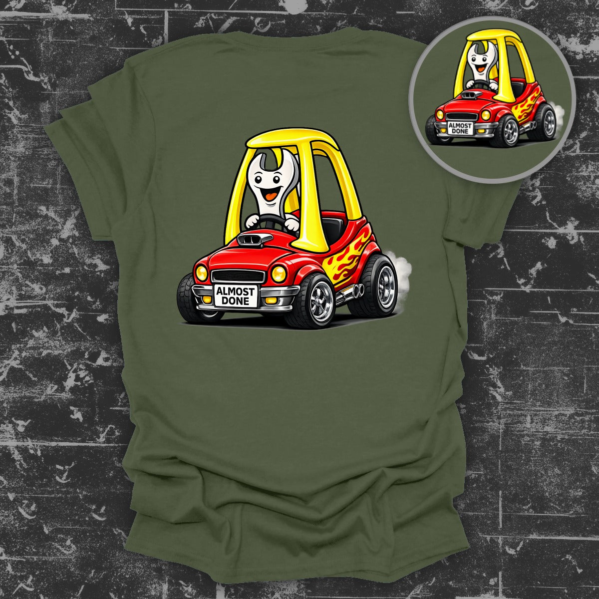 Almost Done Toy Car with Flames Graphic T-Shirt