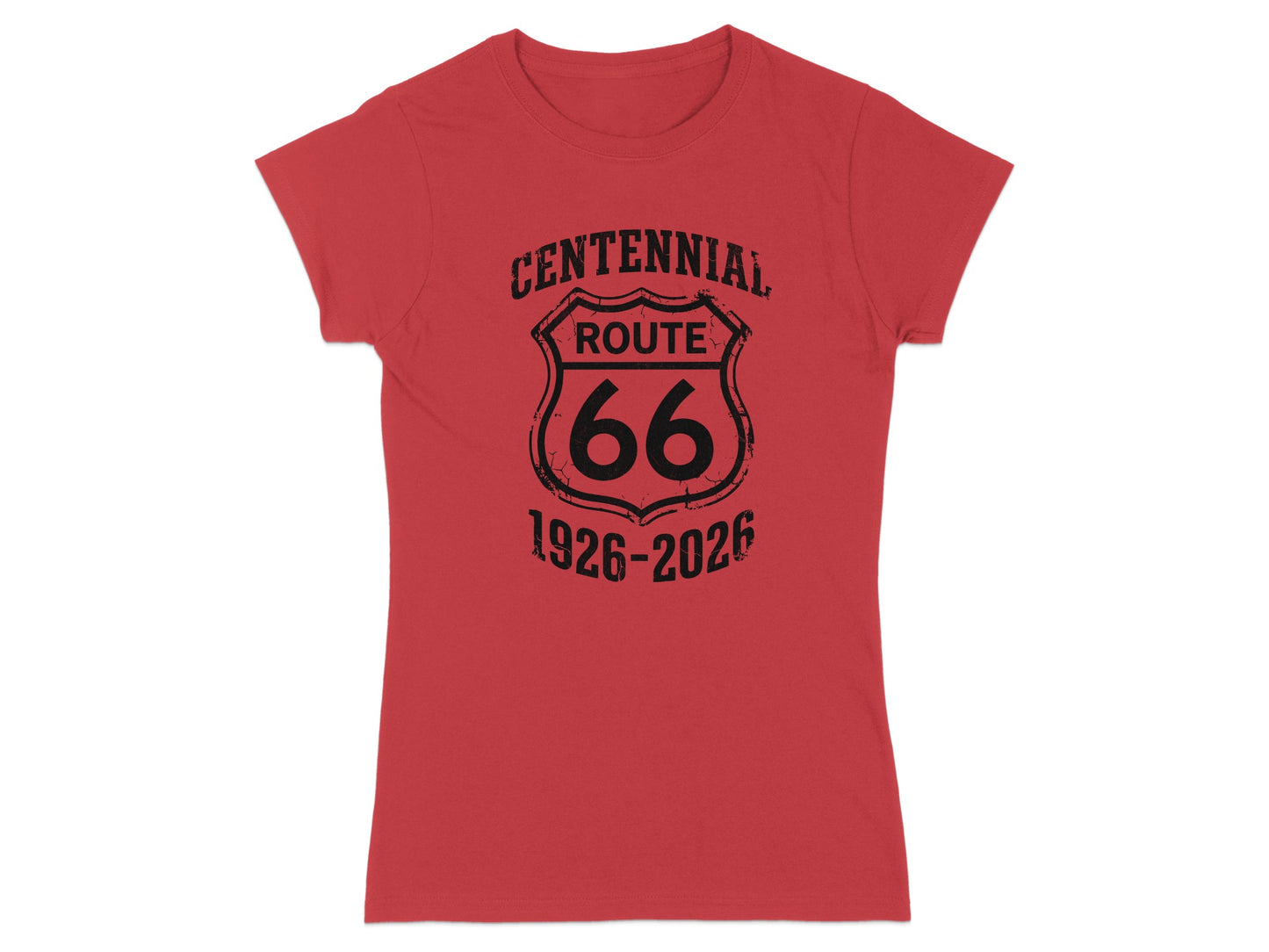 Red t-shirt with Centennial Route 66 1926-2026 graphic.