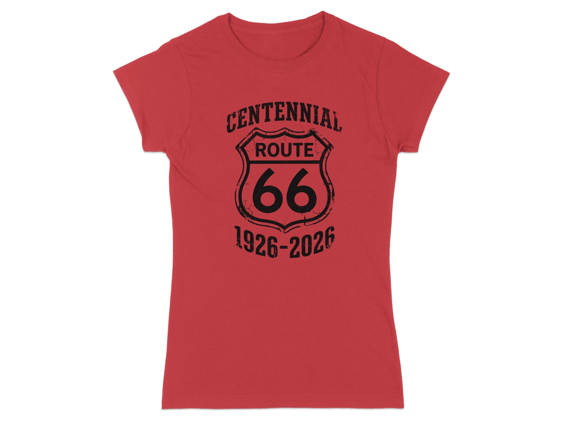 Red t-shirt with Centennial Route 66 1926-2026 graphic.
