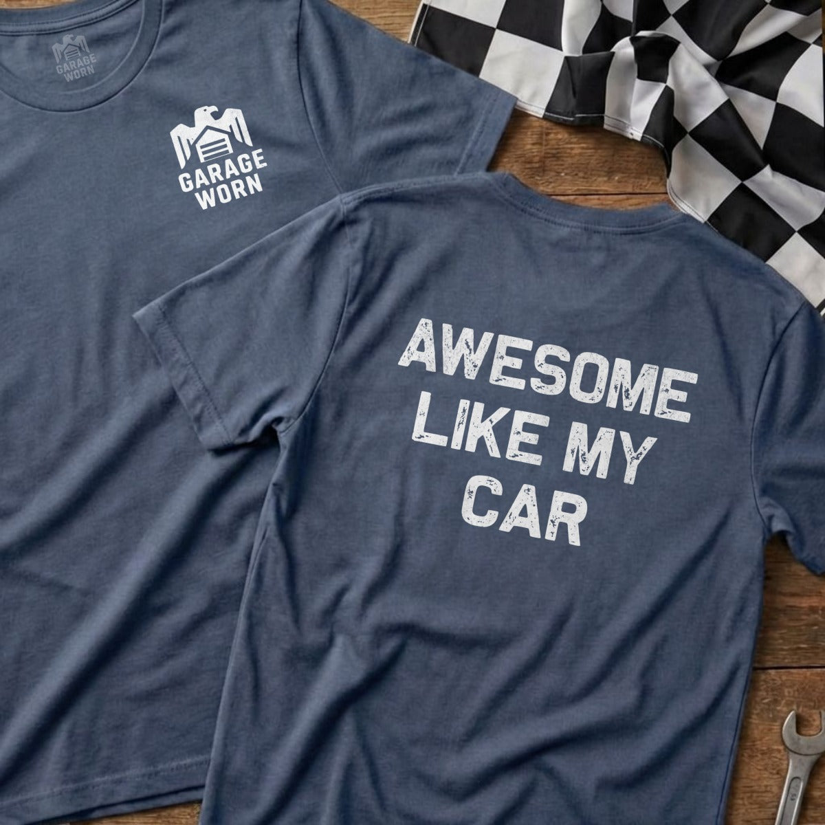 Two navy t-shirts with "Garage Worn" logo and "Awesome like my car" text.