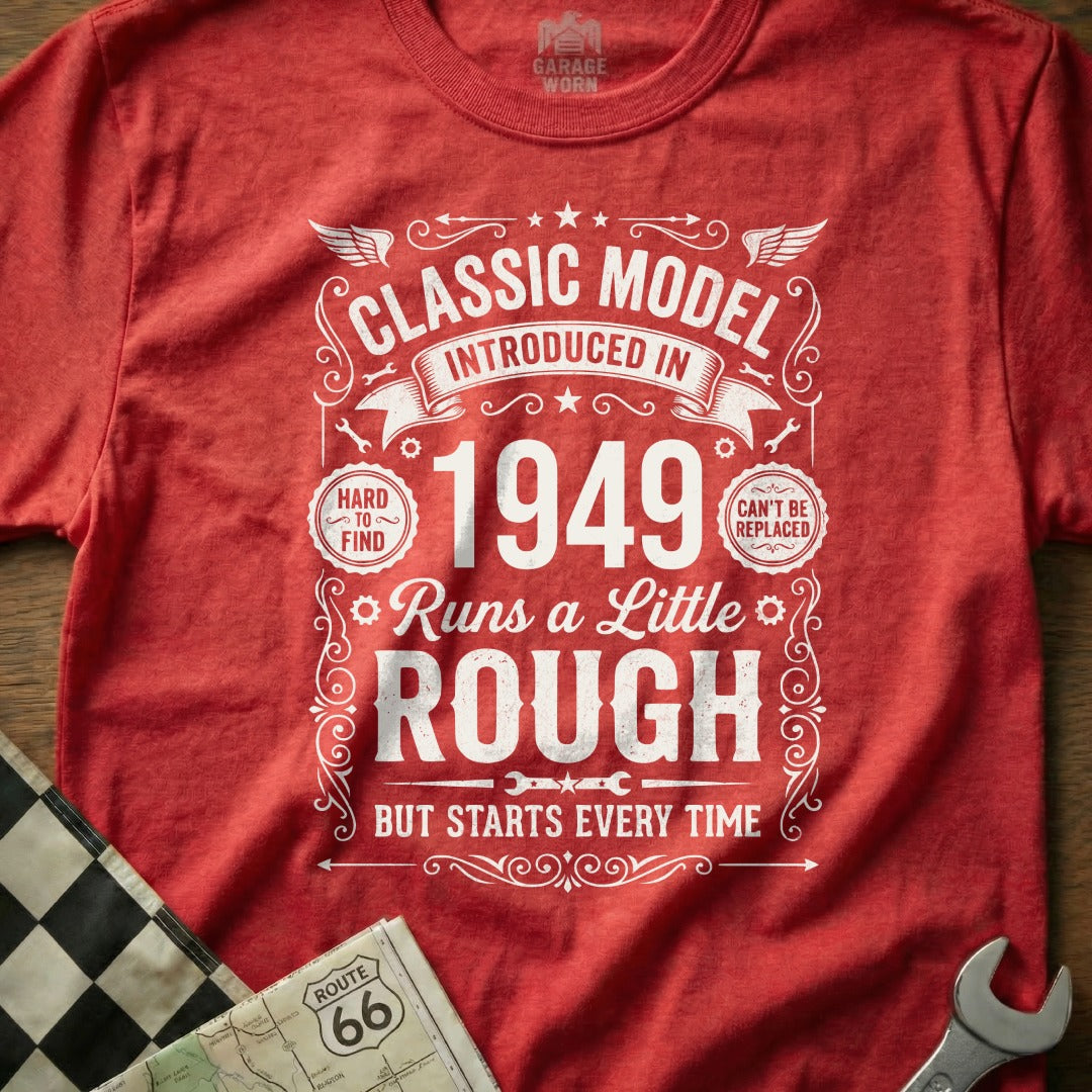 Red t-shirt with "Classic Model 1949" text, celebrating vintage cars.