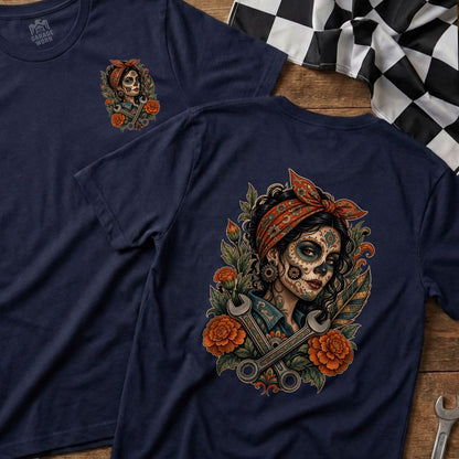 Navy t-shirt with a Day of the Dead inspired woman graphic and wrenches.