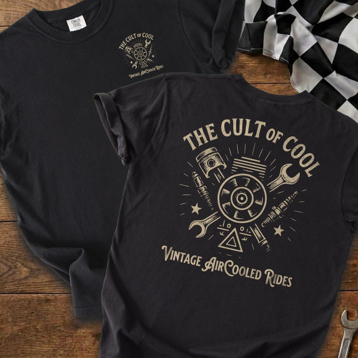 Black t-shirt with "The Cult of Cool Vintage Air Cooled Rides" graphic.