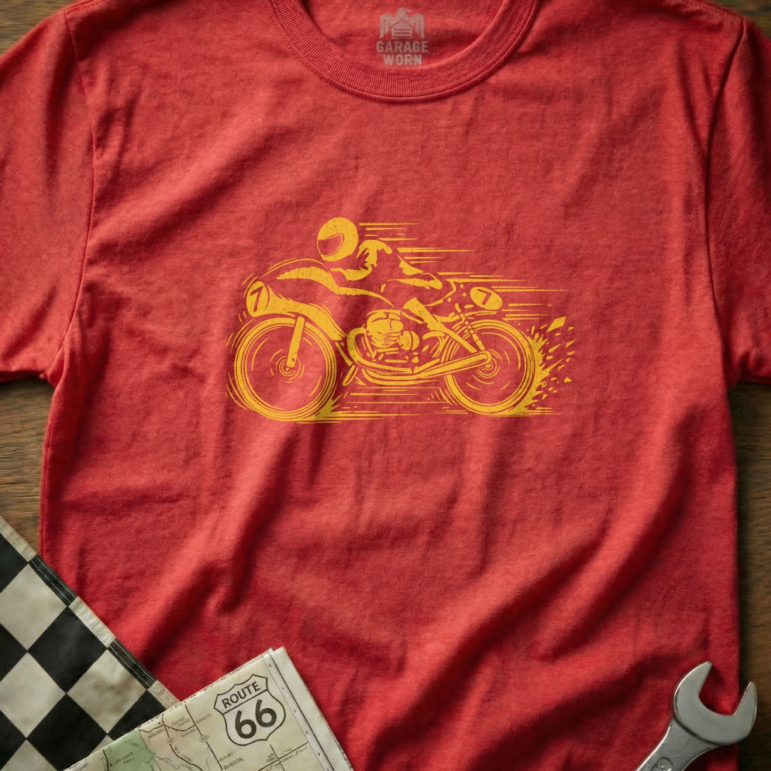 Yellow motorcycle racer graphic on a red t-shirt with Route 66 map.