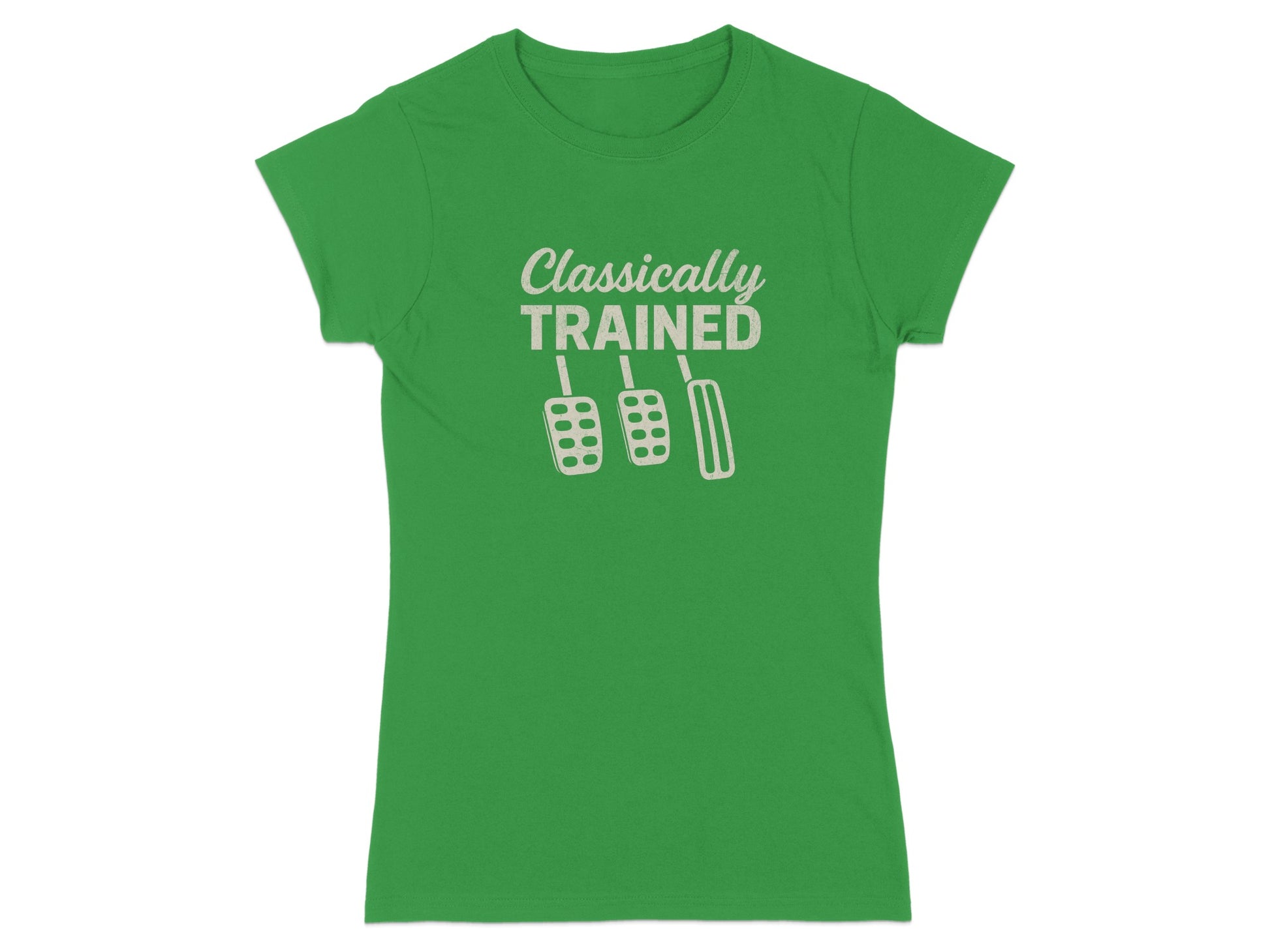 Green t-shirt with "Classically Trained" and three manual transmission pedals.