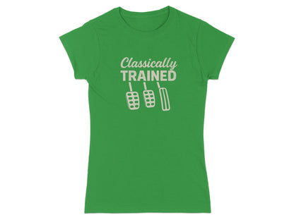 Green t-shirt with "Classically Trained" and three manual transmission pedals.