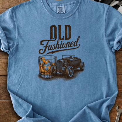 Blue t-shirt with "Old Fashioned" text, whiskey glass, and hot rod illustration.