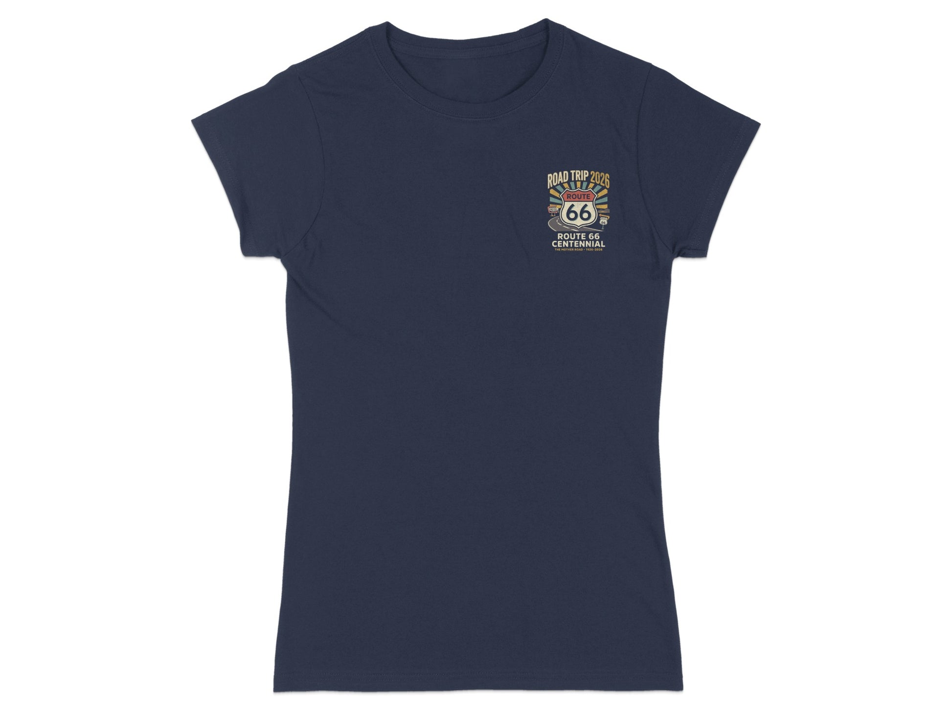Navy t-shirt with "Road Trip 2026 Route 66 Centennial" graphic.