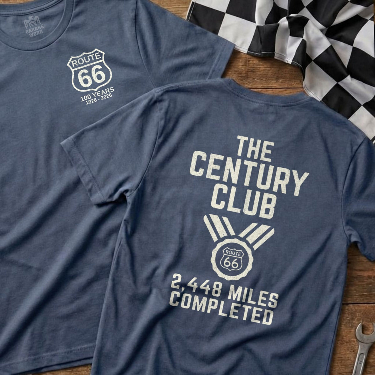 Two blue t-shirts, one with "Route 66" logo, the other "The Century Club".