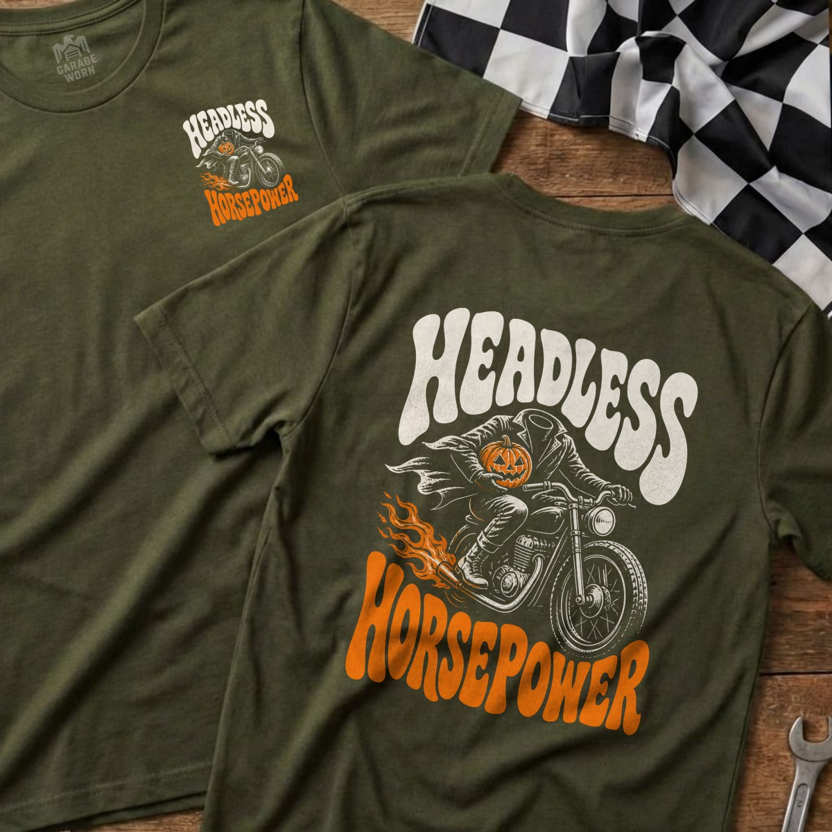 Green t-shirt with "Headless Horsepower" graphic of a pumpkin-headed figure on a motorcycle.