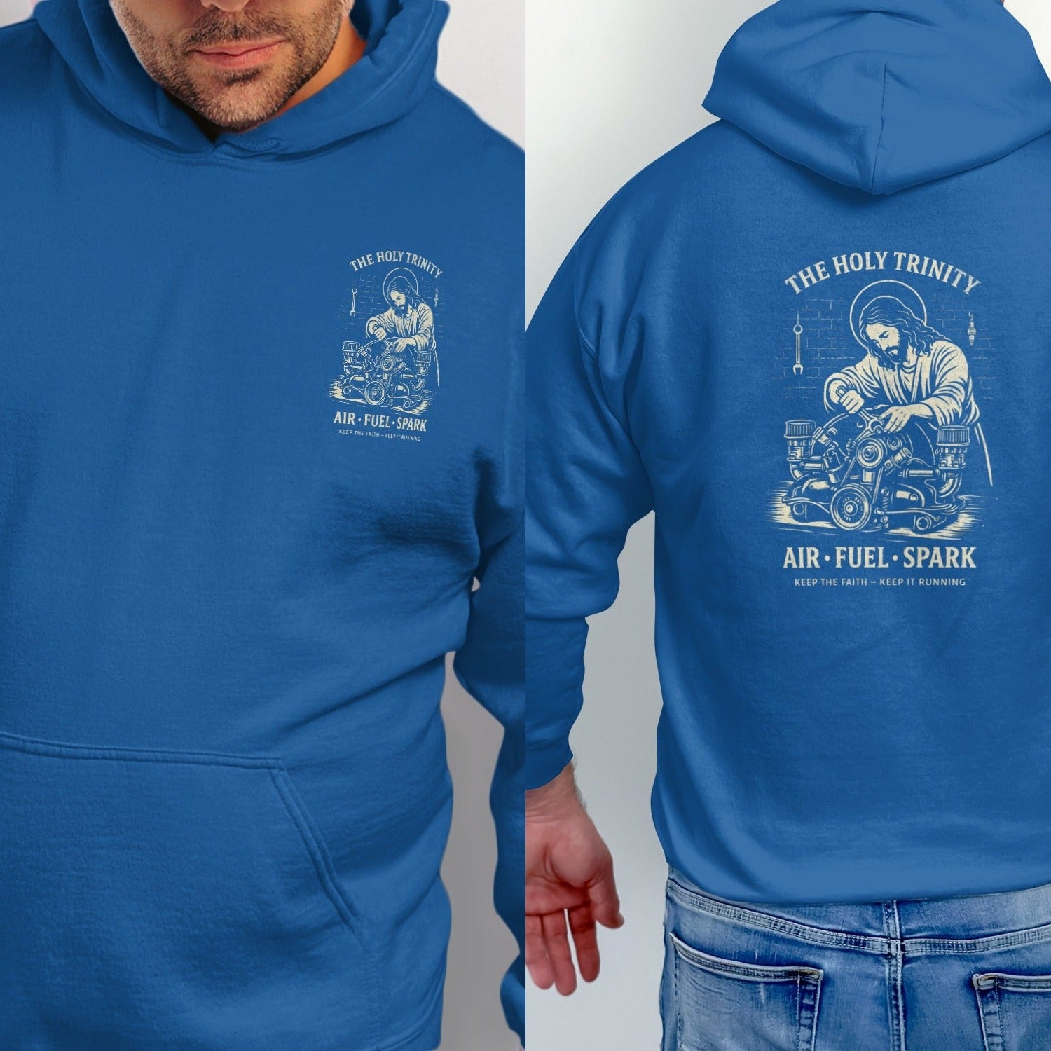 Blue hoodie with a graphic of Jesus working on an engine, text "The Holy Trinity".
